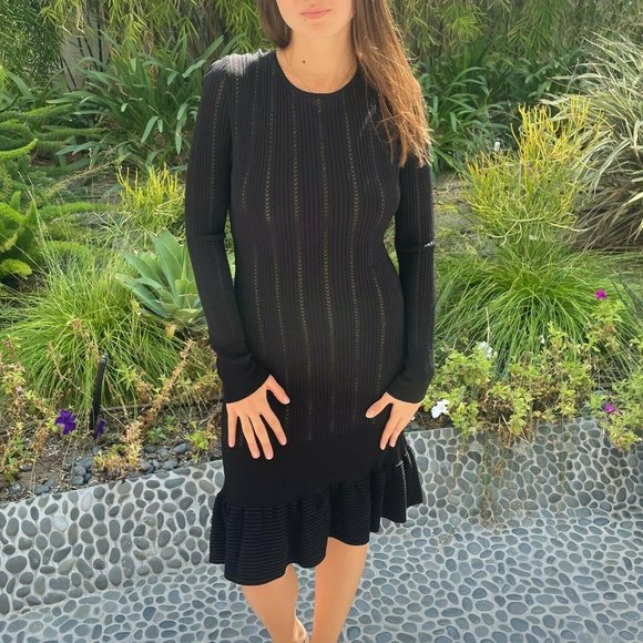 ALAIA Black Long Sleeve Laser Cut Ruffle Hem Dress - Picture 1 of 11